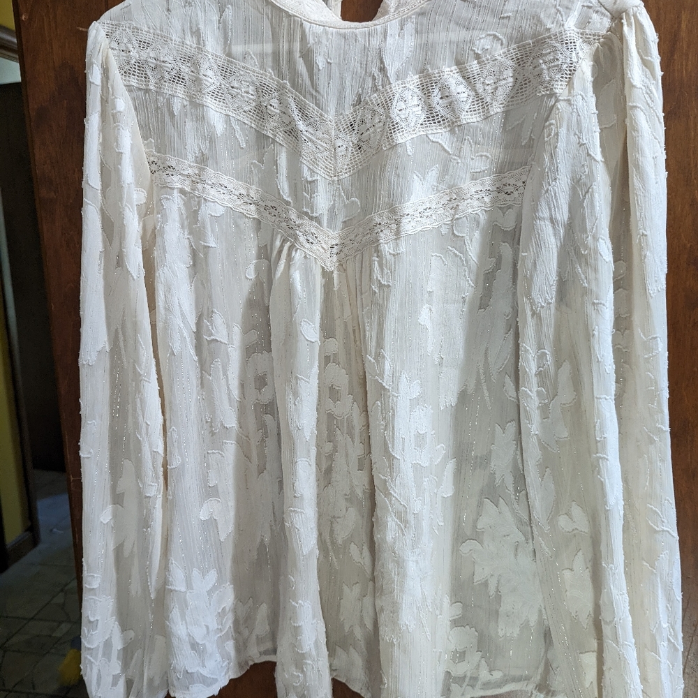 Long sleeved cream sheer top, floral pattern
